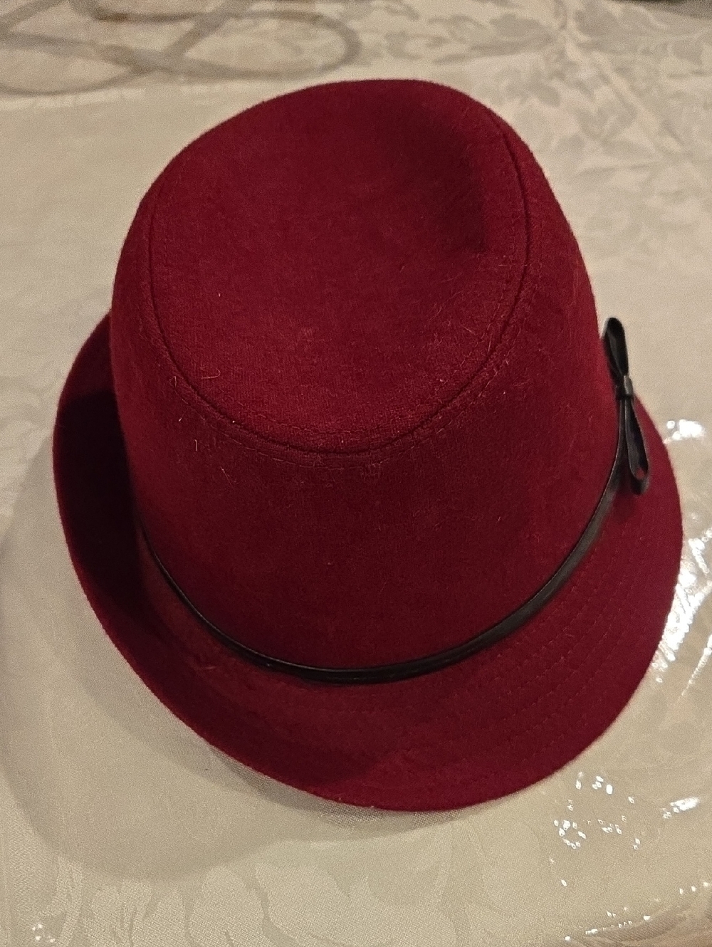 Women's Burgundy Wool Cloche Hat with Black Trim - Picture 10 of 10